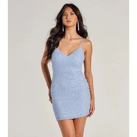 Windsor Light Blue Beaded Mini Dress Size Medium NWT - Picture 1 of 5